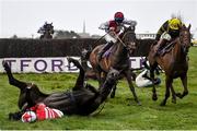 10 March 2021; Jamie Moore falls from Duchess Ravenwaves during the Arctic Tack Stud Beginners Steeplechase at Wexford Racecourse in Wexford. Photo by David Fitzgerald/Sportsfile