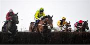 10 March 2021; Whispering Waters, with Trevor Ryan up, second from left, clear the last on their way to winning the Arctic Tack Stud Beginners Steeplechase at Wexford Racecourse in Wexford. Photo by David Fitzgerald/Sportsfile
