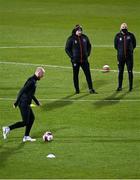 12 March 2021; Dundalk coach Filippo Giovagnoli and Dundalk strength & conditioning coach Graham Norton watch the warm-up prior to the FAI President's Cup Final match between Shamrock Rovers and Dundalk at Tallaght Stadium in Dublin. Photo by Harry Murphy/Sportsfile