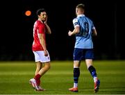 12 March 2021; Jordan Gibson of Sligo Rovers shares a joke with Kevin O'Connor of Shelbourne during a pre-season friendly match between Sligo Rovers and Shelbourne at FAI National Training Centre in Abbotstown, Dublin. Photo by Piaras Ó Mídheach/Sportsfile