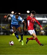 12 March 2021; Maxim Kouogun of Shelbourne in action against Johnny Kenny of Sligo Rovers during a pre-season friendly match between Sligo Rovers and Shelbourne at FAI National Training Centre in Abbotstown, Dublin. Photo by Piaras Ó Mídheach/Sportsfile