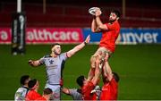 12 March 2021; Jean Kleyn of Munster wins possession from a line-out ahead of Morgan Jones of Scarlets during the Guinness PRO14 match between Munster and Scarlets at Thomond Park in Limerick. Photo by Ramsey Cardy/Sportsfile