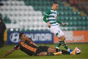 12 March 2021; Sonni Nattestad of Dundalk tackles Graham Burke of Shamrock Rovers, resulting in a red card, during the FAI President's Cup Final match between Shamrock Rovers and Dundalk at Tallaght Stadium in Dublin. Photo by Stephen McCarthy/Sportsfile