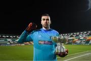 12 March 2021; Dundalk goalkeeper Alessio Abibi celebrates with the FAI President's Cup following the FAI President's Cup Final match between Shamrock Rovers and Dundalk at Tallaght Stadium in Dublin. Photo by Stephen McCarthy/Sportsfile