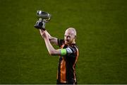 12 March 2021; Chris Shields of Dundalk lifts the trophy following the FAI President's Cup Final match between Shamrock Rovers and Dundalk at Tallaght Stadium in Dublin. Photo by Harry Murphy/Sportsfile