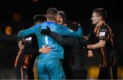 12 March 2021; Dundalk goalkeeper Alessio Abibi celebrates with Dundalk coaches Filippo Giovagnoli, centre, Giuseppi Rossi and team-mates Darragh Leahy, left, and Raivis Jurkovskis following the FAI President's Cup Final match between Shamrock Rovers and Dundalk at Tallaght Stadium in Dublin. Photo by Stephen McCarthy/Sportsfile