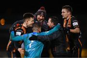 12 March 2021; Dundalk goalkeeper Alessio Abibi celebrates with Dundalk coaches Filippo Giovagnoli, centre, Giuseppi Rossi and team-mates Darragh Leahy, left, and Raivis Jurkovskis following the FAI President's Cup Final match between Shamrock Rovers and Dundalk at Tallaght Stadium in Dublin. Photo by Stephen McCarthy/Sportsfile