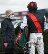 13 March 2021; Trainer Denise Foster, left, speaks with jockey Jack Kennedy after sending out Robinstown to win the Navan Members Maiden Hurdle (Div 2) at Navan Racecourse in Meath. Photo by Harry Murphy/Sportsfile