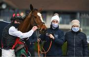 13 March 2021; Trainer Denise Foster, right, with handler Kerry Lee, centre, and jockey Jack Kennedy after sending out Robinstown to win the Navan Members Maiden Hurdle (Div 2) at Navan Racecourse in Meath. Photo by Harry Murphy/Sportsfile