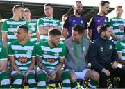 13 March 2021; Shamrock Rovers players, from left, Graham Burke, Lee Grace and Ronan Finn with manager Stephen Bradley as they prepare for their squad photograph ahead of the 2021 SSE Airtricity League Premier Division season at Tallaght Stadium in Dublin. Photo by Stephen McCarthy/Sportsfile