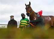 13 March 2021; Jockey Mark Walsh, centre, and trainer Ted Walsh after sending out Any Second Now to win the Webster Cup Steeplechase at Navan Racecourse in Meath. Photo by Harry Murphy/Sportsfile