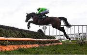 13 March 2021; Conright Boy, with Jordan Gainford up, jumps the last, first time round, during the Proudstown Handicap Steeplechase at Navan Racecourse in Meath. Photo by Harry Murphy/Sportsfile