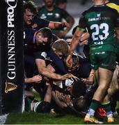 13 March 2021; Edinburgh players celebrate their side's second try, scored by Nathan Chamberlain, hidden, during the Guinness PRO14 match between Connacht and Edinburgh at The Sportsground in Galway. Photo by David Fitzgerald/Sportsfile