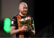 12 March 2021; Dundalk captain Chris Shields with the FAI President's Cup following the FAI President's Cup Final match between Shamrock Rovers and Dundalk at Tallaght Stadium in Dublin. Photo by Stephen McCarthy/Sportsfile