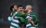 12 March 2021; Liam Scales celebrates with Shamrock Rovers team-mates Roberto Lopes, left, Ronan Finn and Joey O'Brien, right, after scoring their goal during the FAI President's Cup Final match between Shamrock Rovers and Dundalk at Tallaght Stadium in Dublin. Photo by Stephen McCarthy/Sportsfile