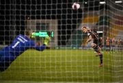 12 March 2021; Greg Sloggett of Dundalk takes a penalty in the shoot-out during the FAI President's Cup Final match between Shamrock Rovers and Dundalk at Tallaght Stadium in Dublin. Photo by Stephen McCarthy/Sportsfile