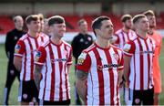 11 March 2021; Ciarán Coll and his Derry City team-mates stand for a squad photograph ahead of the 2021 SSE Airtricity League Premier Division season at the Ryan McBride Bradywell Stadium in Derry.  Photo by Stephen McCarthy/Sportsfile