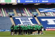 14 March 2021; The Ireland players huddle ahead of the Guinness Six Nations Rugby Championship match between Scotland and Ireland at BT Murrayfield Stadium in Edinburgh, Scotland. Photo by Paul Devlin/Sportsfile