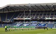 14 March 2021; Players of both sides stand for a moment's silence ahead of the Guinness Six Nations Rugby Championship match between Scotland and Ireland at BT Murrayfield Stadium in Edinburgh, Scotland. Photo by Paul Devlin/Sportsfile