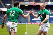 14 March 2021; Robbie Henshaw, left, is congratulated by Ireland team-mate Keith Earls after scoring his side's first try during the Guinness Six Nations Rugby Championship match between Scotland and Ireland at BT Murrayfield Stadium in Edinburgh, Scotland. Photo by Paul Devlin/Sportsfile