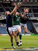 14 March 2021; Keith Earls of Ireland competes for a high ball against Chris Harris, left, and Stuart Hogg of Scotland during the Guinness Six Nations Rugby Championship match between Scotland and Ireland at BT Murrayfield Stadium in Edinburgh, Scotland. Photo by Paul Devlin/Sportsfile