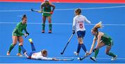14 March 2021; Sarah Robertson of Great Britain in action against Shirley McCay, left, and Niamh Carey of Ireland during the SoftCo Series International Hockey match between Ireland and Great Britain at Queens University Sports Grounds in Belfast. Photo by Ramsey Cardy/Sportsfile