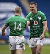 14 March 2021; Jonathan Sexton, right, and Keith Earls of Ireland celebrate after their side's first try, scored by Robbie Henshaw, during the Guinness Six Nations Rugby Championship match between Scotland and Ireland at BT Murrayfield Stadium in Edinburgh, Scotland. Photo by Paul Devlin/Sportsfile