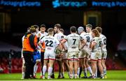 13 March 2021; Ulster team huddle during the Guinness PRO14 match between Dragons and Ulster at Principality Stadium in Cardiff, Wales. Photo by Mark Lewis/Sportsfile