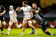 13 March 2021; Alby Mathewson of Ulster is tackled by Rhodri Williams and Harrison Keddie of Dragons during the Guinness PRO14 match between Dragons and Ulster at Principality Stadium in Cardiff, Wales. Photo by Mark Lewis/Sportsfile