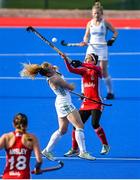 16 March 2021; Laura Unsworth of Great Britain in action against Niamh Carey of Ireland during the SoftCo Series International Hockey match between Ireland and Great Britain at Queens University Sports Grounds in Belfast. Photo by Ramsey Cardy/Sportsfile