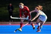 16 March 2021; Sarah McAuley of Ireland in action against Ellie Rayer of Great Britain during the SoftCo Series International Hockey match between Ireland and Great Britain at Queens University Sports Grounds in Belfast. Photo by Ramsey Cardy/Sportsfile