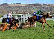 16 March 2021; Concertista, with Paul Townend up, leads the eventual winner Black Tears, left, with Jack Kennedy up, and Roksana, with Harry Skelton up, who finished third, over the last during The Close Brothers Mares' Hurdle Race on day 1 of the Cheltenham Racing Festival at Prestbury Park in Cheltenham, England. Photo by Hugh Routledge/Sportsfile