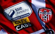 7 March 2021; A detailed view of the SSE Airtricity League Premier Division logo and Derry City crest ahead of the start of the 2021 SSE Airtricity League Premier Division at the FAI National Training Centre in Abbotstown, Dublin. Photo by Ramsey Cardy/Sportsfile