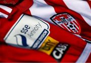 7 March 2021; A detailed view of the SSE Airtricity League Premier Division logo and Derry City crest ahead of the start of the 2021 SSE Airtricity League Premier Division at the FAI National Training Centre in Abbotstown, Dublin. Photo by Ramsey Cardy/Sportsfile