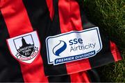 7 March 2021; A detailed view of the SSE Airtricity League Premier Division logo and Longford Town crest ahead of the start of the 2021 SSE Airtricity League Premier Division at the FAI National Training Centre in Abbotstown, Dublin. Photo by Ramsey Cardy/Sportsfile