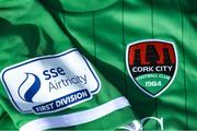 7 March 2021; A detailed view of the SSE Airtricity League First Division logo and Cork City crest ahead of the start of the 2021 SSE Airtricity League First Division at the FAI National Training Centre in Abbotstown, Dublin. Photo by Ramsey Cardy/Sportsfile