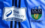 7 March 2021; A detailed view of the SSE Airtricity League First Division logo and UCD crest ahead of the start of the 2021 SSE Airtricity League First Division at the FAI National Training Centre in Abbotstown, Dublin. Photo by Ramsey Cardy/Sportsfile