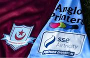 7 March 2021; A detailed view of the SSE Airtricity League Premier Division logo and Drogheda United crest ahead of the start of the 2021 SSE Airtricity League Premier Division at the FAI National Training Centre in Abbotstown, Dublin. Photo by Ramsey Cardy/Sportsfile