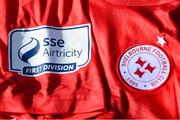 7 March 2021; A detailed view of the SSE Airtricity League First Division logo and Shelbourne crest ahead of the start of the 2021 SSE Airtricity League First Division at the FAI National Training Centre in Abbotstown, Dublin. Photo by Ramsey Cardy/Sportsfile