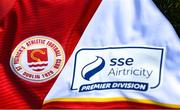 7 March 2021; A detailed view of the SSE Airtricity League Premier Division logo and St Patrick's Athletic crest ahead of the start of the 2021 SSE Airtricity League Premier Division at the FAI National Training Centre in Abbotstown, Dublin. Photo by Ramsey Cardy/Sportsfile