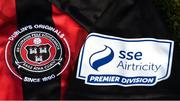 7 March 2021; A detailed view of the SSE Airtricity League Premier Division logo and Bohemians crest ahead of the start of the 2021 SSE Airtricity League Premier Division at the FAI National Training Centre in Abbotstown, Dublin. Photo by Ramsey Cardy/Sportsfile