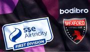 7 March 2021; A detailed view of the SSE Airtricity League First Division logo and Wexford FC crest ahead of the start of the 2021 SSE Airtricity League First Division at the FAI National Training Centre in Abbotstown, Dublin. Photo by Ramsey Cardy/Sportsfile