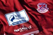 7 March 2021; A detailed view of the SSE Airtricity League First Division logo and Cobh Ramblers crest ahead of the start of the 2021 SSE Airtricity League First Division at the FAI National Training Centre in Abbotstown, Dublin. Photo by Ramsey Cardy/Sportsfile