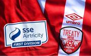 7 March 2021; A detailed view of the SSE Airtricity League First Division logo and Treaty United crest ahead of the start of the 2021 SSE Airtricity League First Division at the FAI National Training Centre in Abbotstown, Dublin. Photo by Ramsey Cardy/Sportsfile