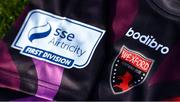 7 March 2021; A detailed view of the SSE Airtricity League First Division logo and Wexford FC crest ahead of the start of the 2021 SSE Airtricity League First Division at the FAI National Training Centre in Abbotstown, Dublin. Photo by Ramsey Cardy/Sportsfile