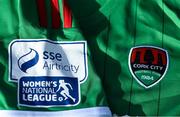 7 March 2021; A detailed view of the SSE Airtricity Women's National League logo and Cork City crest ahead of the start of the 2021 SSE Airtricity Women's National League at the FAI National Training Centre in Abbotstown, Dublin. Photo by Ramsey Cardy/Sportsfile