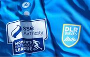 7 March 2021; A detailed view of the SSE Airtricity Women's National League logo and DLR Waves crest ahead of the start of the 2021 SSE Airtricity Women's National League at the FAI National Training Centre in Abbotstown, Dublin. Photo by Ramsey Cardy/Sportsfile