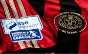 7 March 2021; A detailed view of the SSE Airtricity Women's National League logo and Bohemians crest ahead of the start of the 2021 SSE Airtricity Women's National League at the FAI National Training Centre in Abbotstown, Dublin. Photo by Ramsey Cardy/Sportsfile