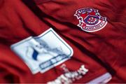 7 March 2021; A detailed view of the Cobh Ramblers crest on their jersey ahead of the start of the 2021 SSE Airtricity League First Division at the FAI National Training Centre in Abbotstown, Dublin. Photo by Ramsey Cardy/Sportsfile