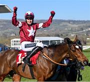 17 March 2021; Jockey Keith Donoghue celebrates after winning The Glenfarclas Cross Country Steeple Chase on Tiger Roll on day 2 of the Cheltenham Racing Festival at Prestbury Park in Cheltenham, England. Photo by Hugh Routledge/Sportsfile